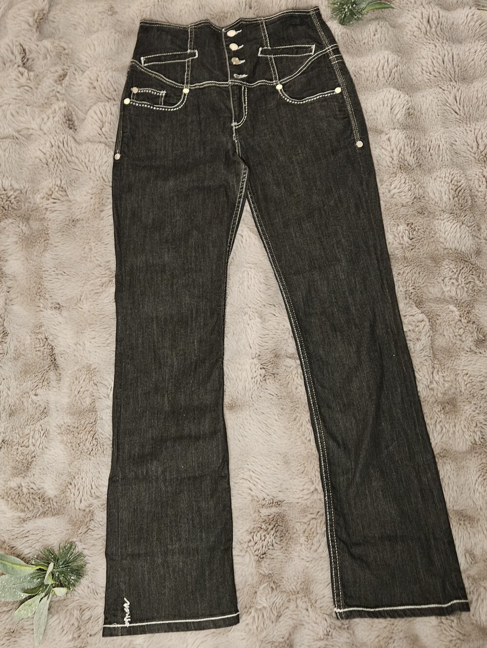 COOGI Jeans Womens 11/12 Black High Rise Flare Y2K Contrast Stitch Denim